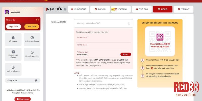Hướng dẫn nạp tiền Red8888 qua thẻ cào