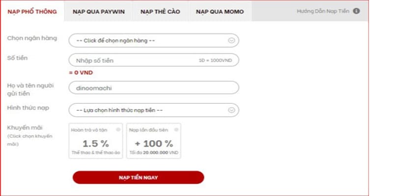 Nạp tiền Red88 bằng interbanking